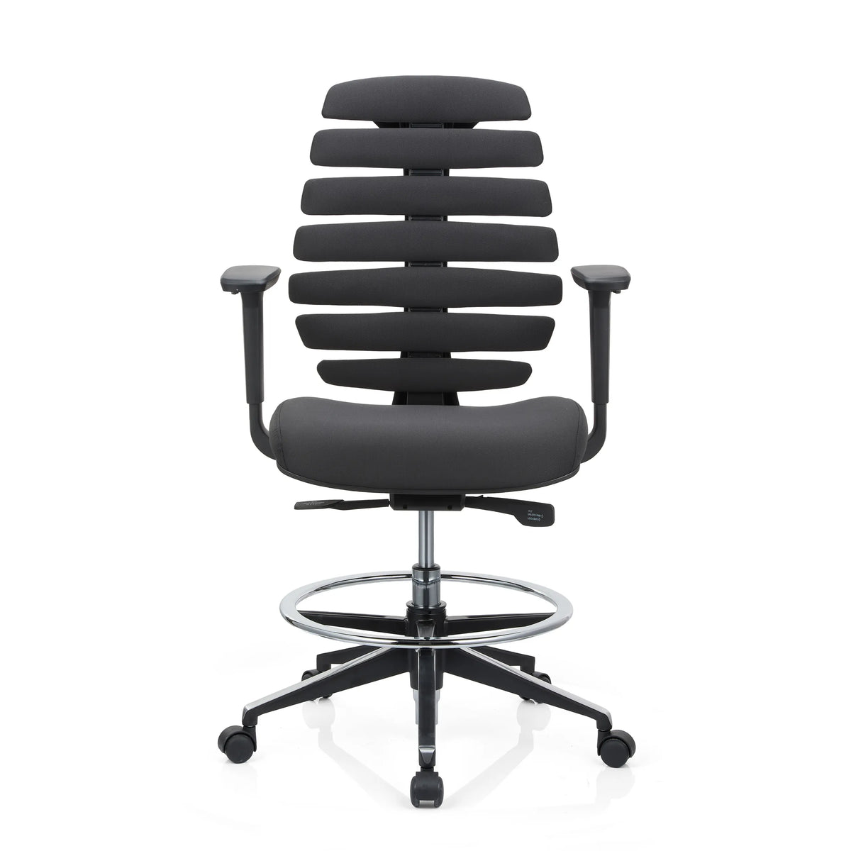 Sedia da banco ERGO LINE II WORK nera con schienale segmentato, poggiapiedi e base a cinque ruote di hjh OFFICE – vista a 360° (vista frontale 0°)