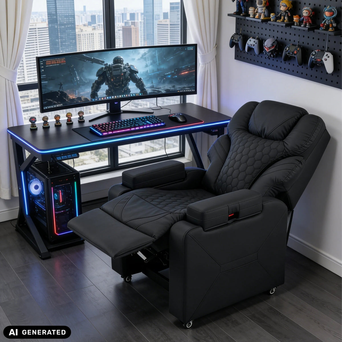 Schwarzer Loungesessel Game Sport RX mit ausgefahrener Fußstütze vor einem Gaming-Tisch von hjh OFFICE (KI-generiertes Bild)