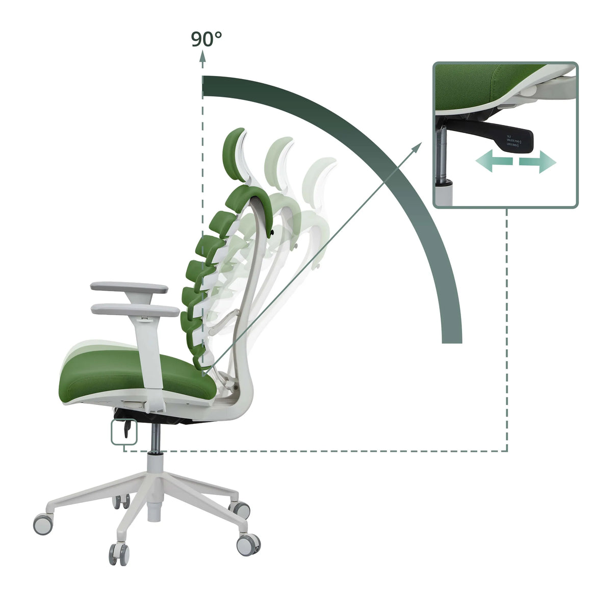 Schienale regolabile con angolo di inclinazione di 90° della sedia da ufficio professionale ERGO LINE W in Mystic Forest di hjh OFFICE