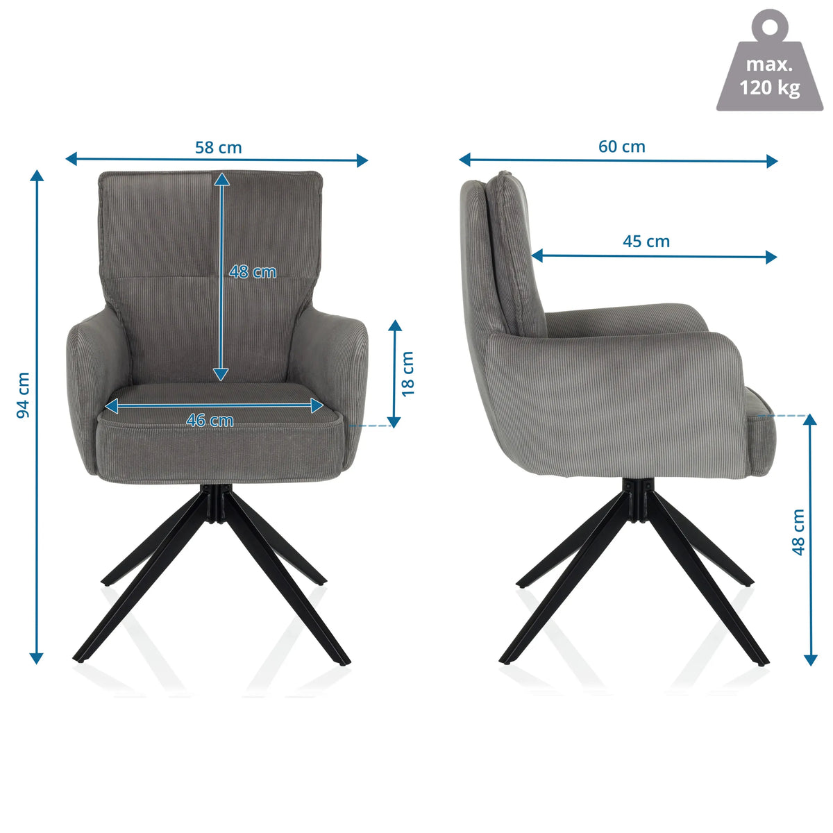 Disegno dimensionale della Sedia imbottita TARUGO con un'altezza di 94 cm e una larghezza di 58 cm di hjh LIVING
