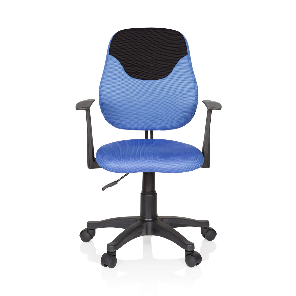 Sedia girevole per bambini KIDDY STYLE blu con schienale in rete, braccioli e base a cinque ruote di hjh OFFICE – vista a 360° (vista frontale 0°)