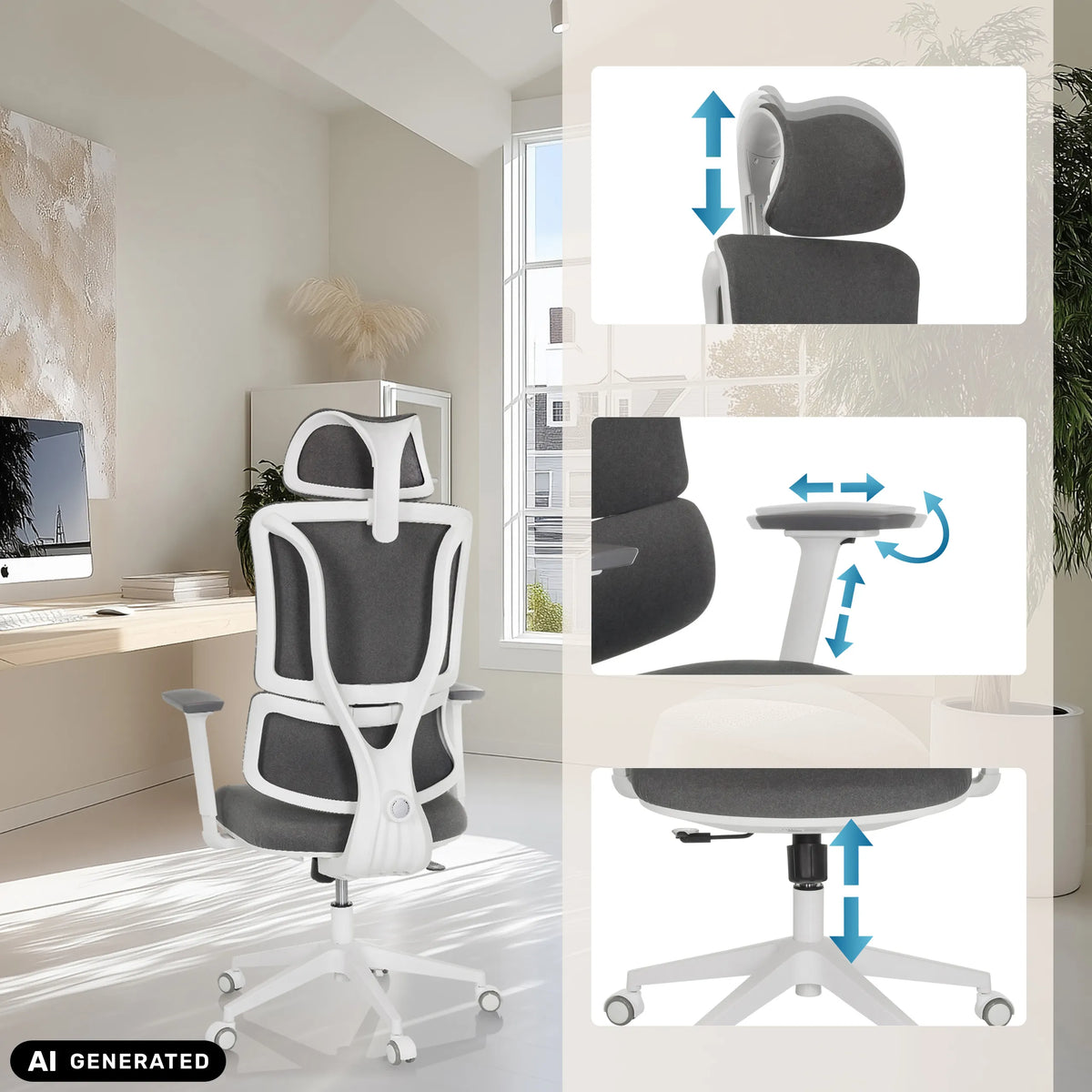Poggiatesta, braccioli e altezza del sedile regolabili della sedia Home Office ERGOMY WF di MyBuero (immagine generata dall’IA)
