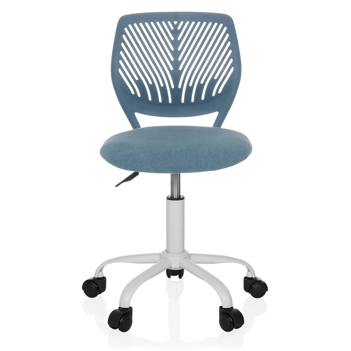 Sedia girevole per bambini KID QW blu con schienale traforato e base bianca a cinque ruote di hjh OFFICE – vista a 360° (vista frontale 0°)