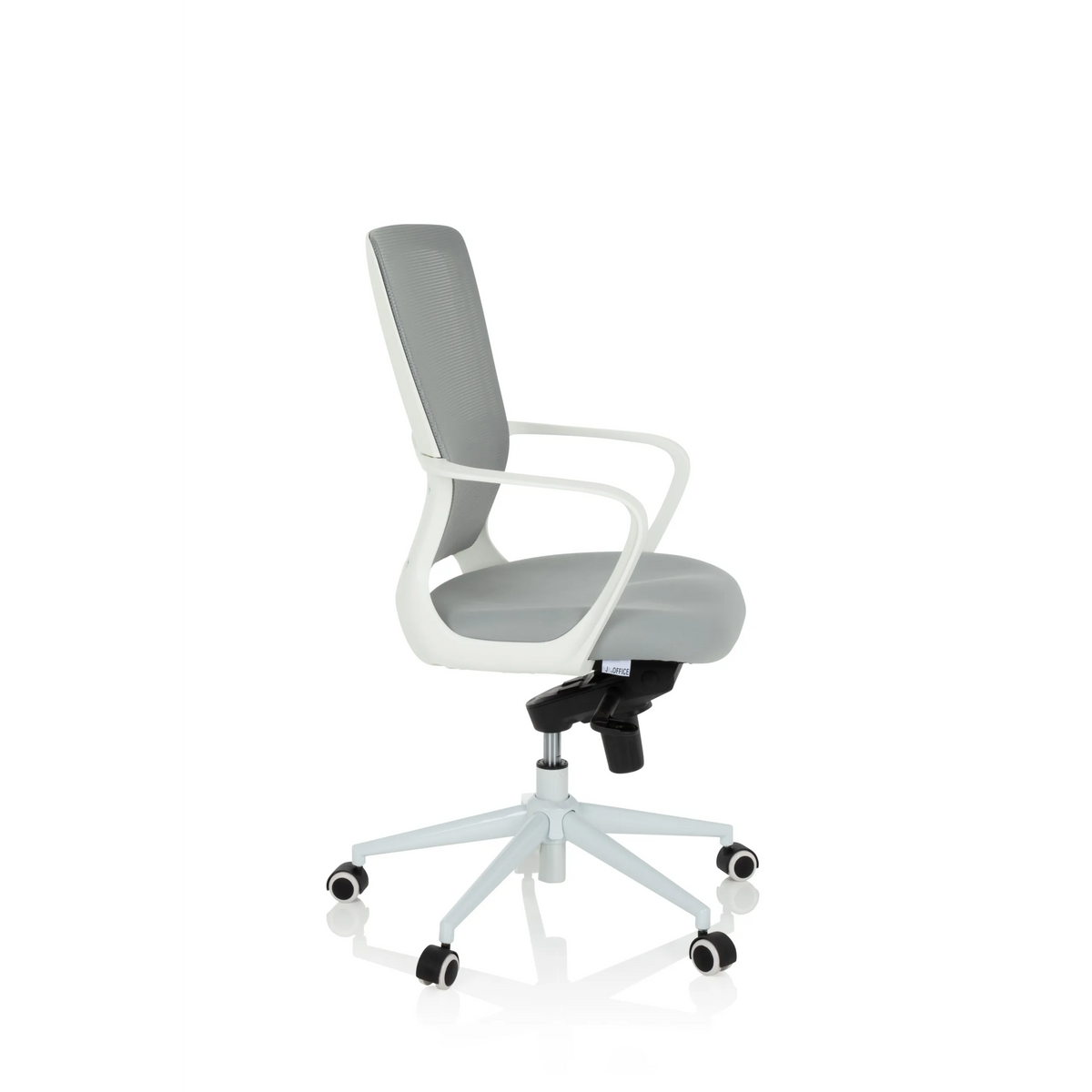 Sedia Home Office ESTRIA grigia con schienale in rete e base a cinque ruote di hjh OFFICE – vista a 360° (profilo laterale 80°)