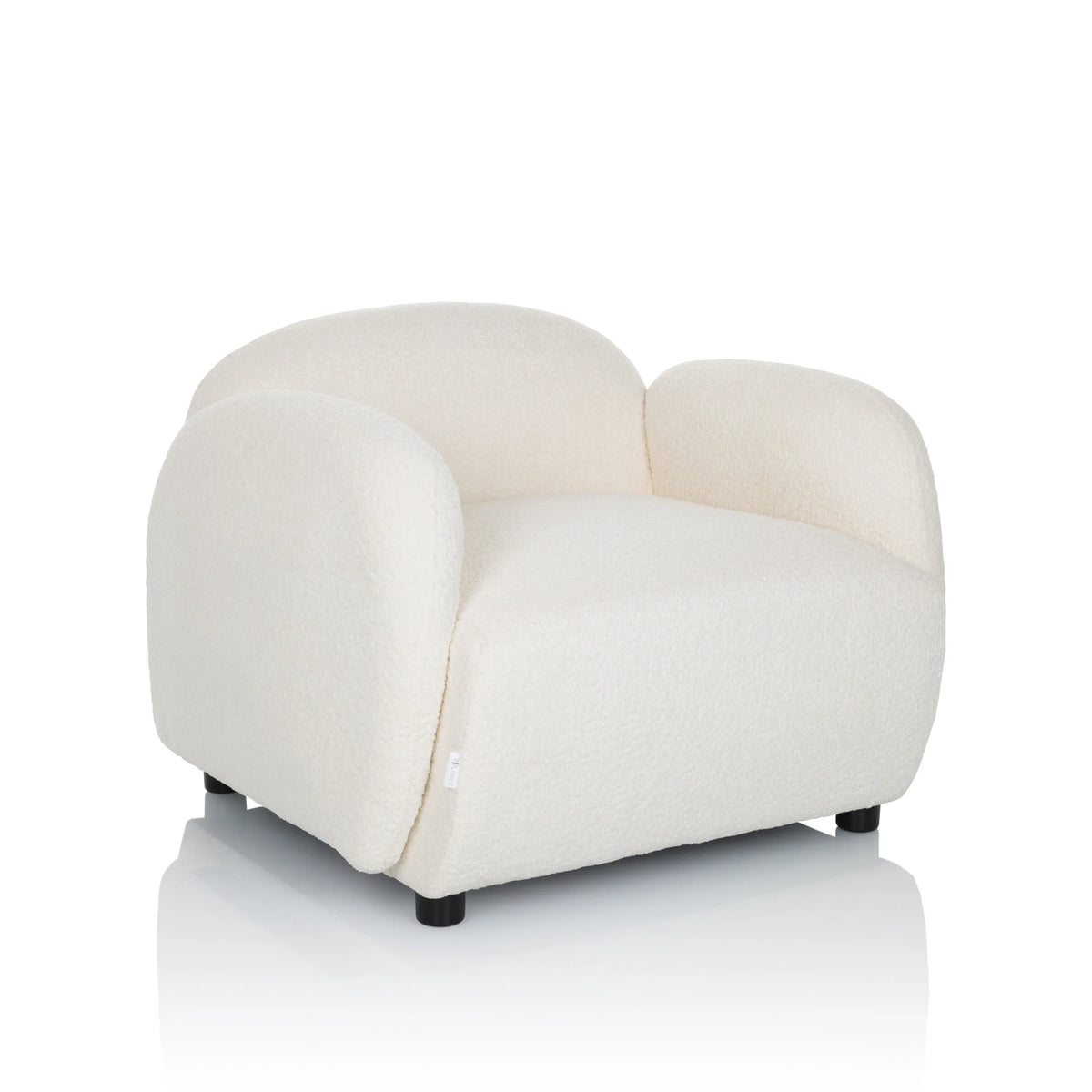 Poltrona Lounge VERDUNA bianca con rivestimento in tessuto strutturato e piedini neri corti di hjh LIVING – vista a 360° (vista frontale a tre quarti 30°)