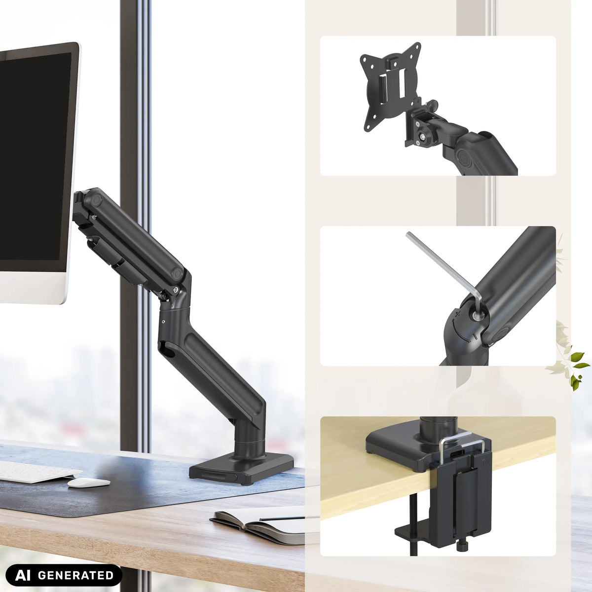 Supporto per monitor VM-MG1S con piastra VESA, braccio articolato e fissaggio da scrivania in nero di hjh OFFICE (immagine generata dall’IA)
