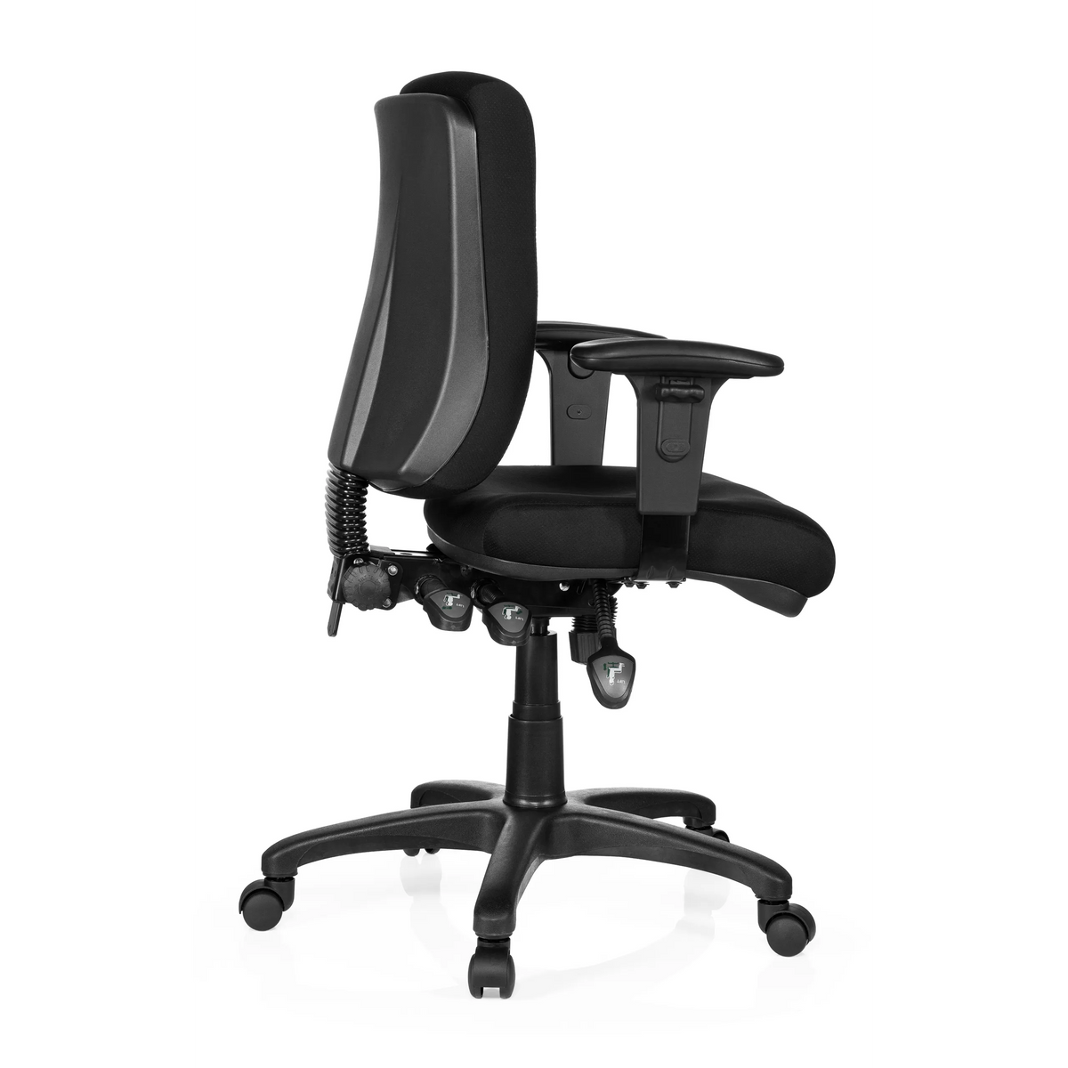 Sedia da ufficio professionale ZENIT BASE nera con braccioli e base a cinque ruote di hjh OFFICE – vista a 360° (profilo laterale 100°)