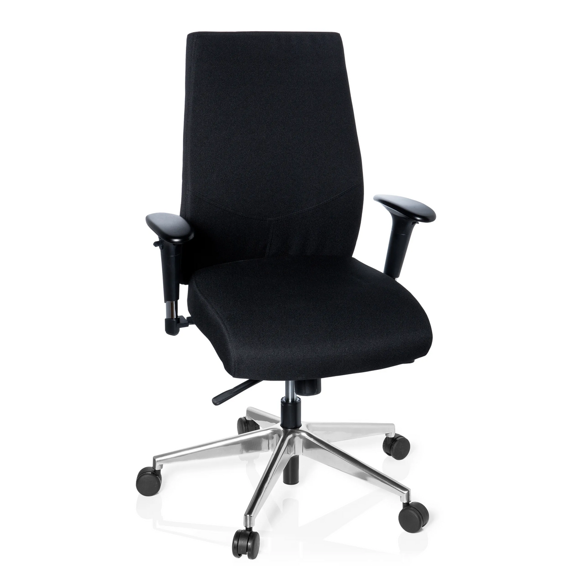 Sedia da ufficio professionale PRO-TEC 250 nera con braccioli e base a cinque ruote di hjh OFFICE – vista a 360° (vista frontale 20°)