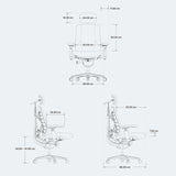 Disegno tecnico della sedia da ufficio LiberNovo Maxis Airflow con indicazioni di altezza, larghezza e profondità di Libernovo