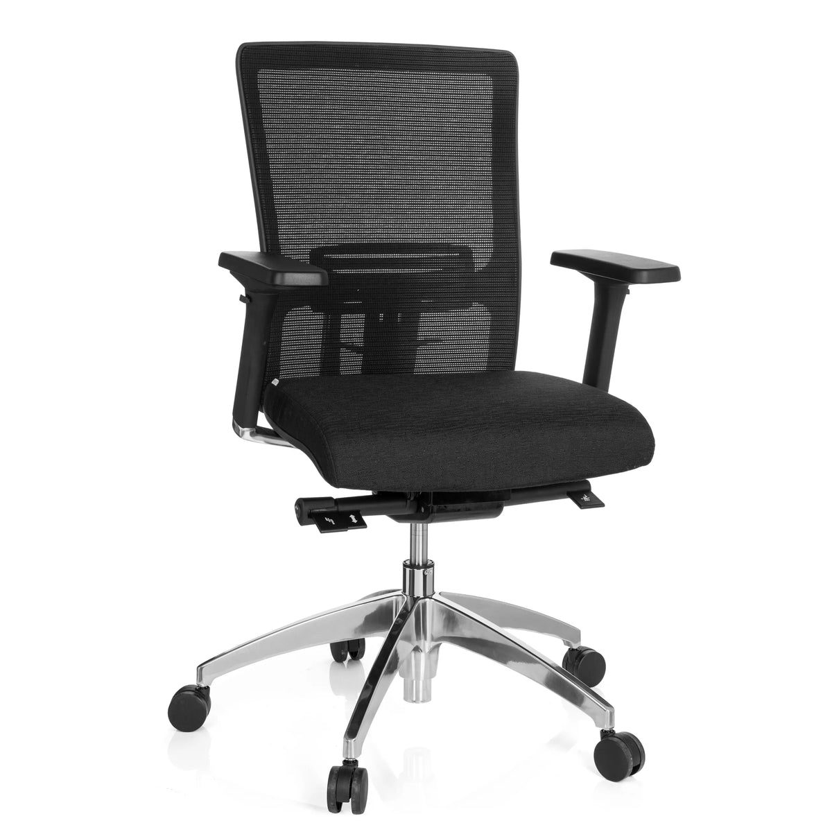 Sedia da ufficio professionale ASTRA BASE N nera con schienale in rete e base lucida a cinque ruote di hjh OFFICE – vista a 360° (vista frontale 20°)