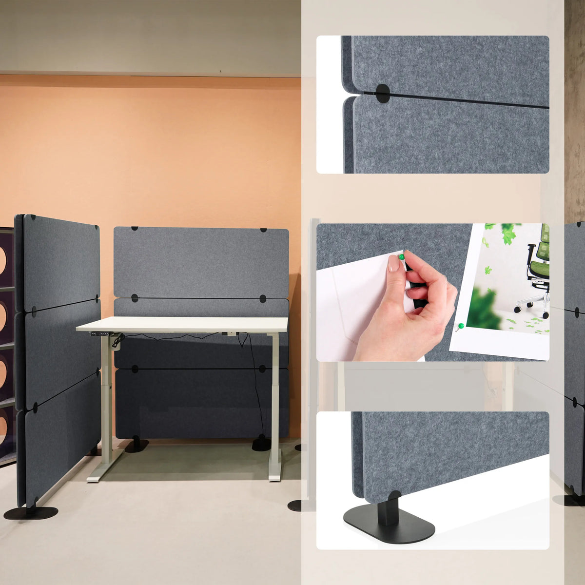 Superficie in feltro grigio e fissaggio delle pareti divisorie FLEXMIUT EXTEND con funzione a puntina e piede di hjh OFFICE