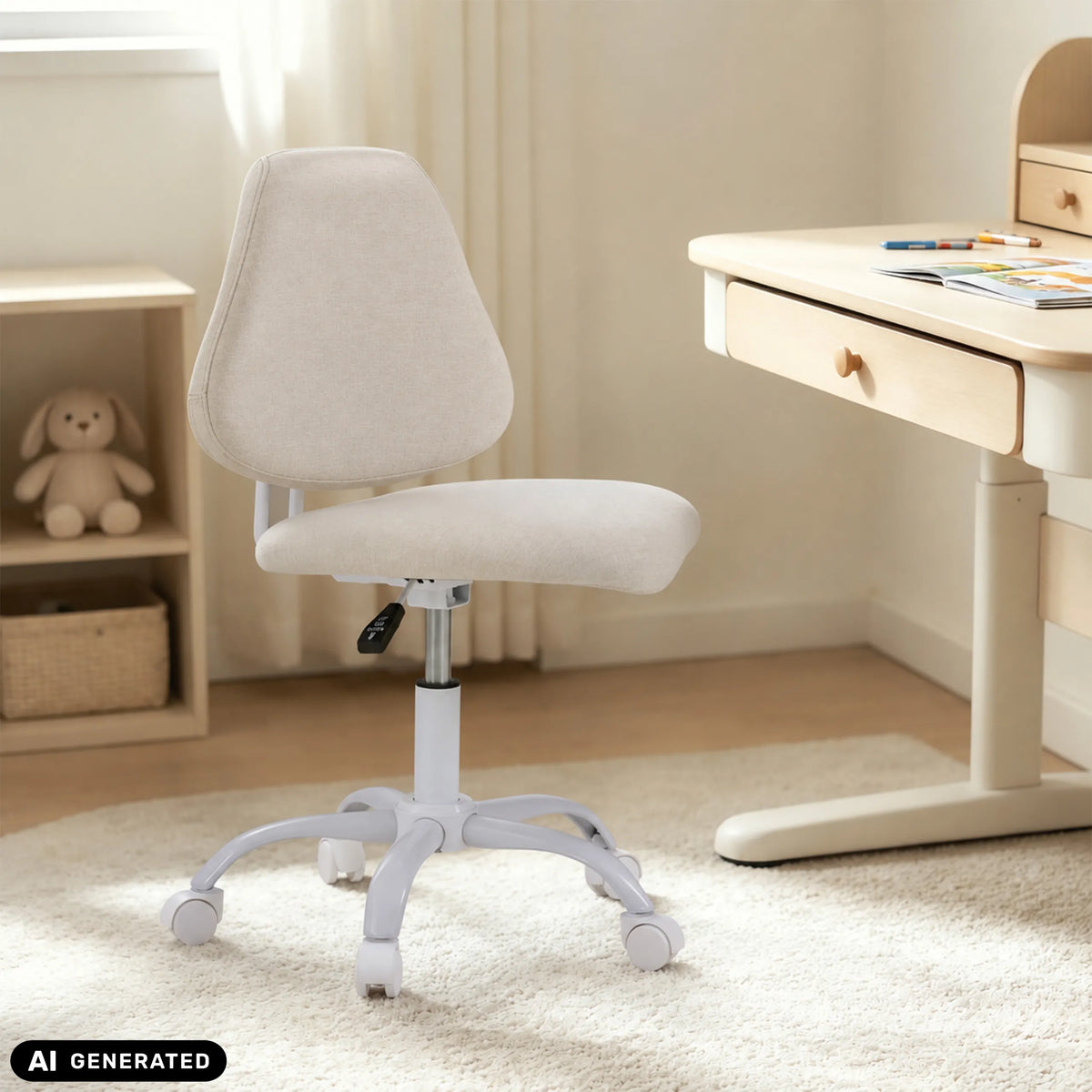 Sedia girevole per bambini Lumikid beige con ruote e pistone a gas di hjh OFFICE (immagine generata dall’IA)