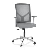 Grauer Homeoffice-Bürostuhl BRETON BASE W mit Netzrücken und Fußkreuz mit fünf Rollen von hjh OFFICE – 360-Grad-Ansicht (Frontansicht 20°)
