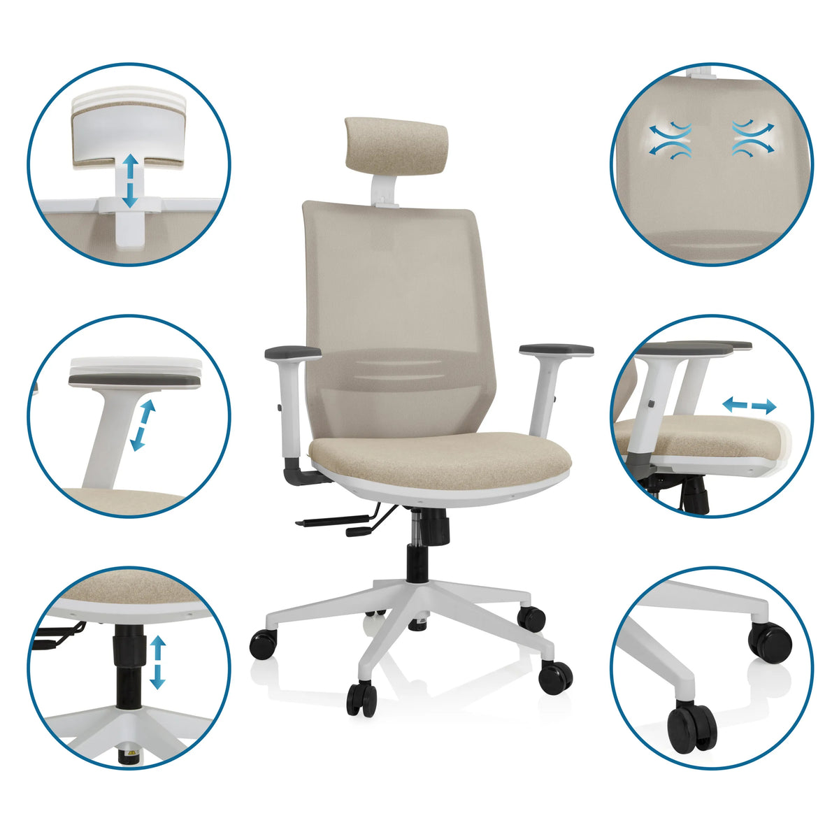 Funzioni regolabili della Sedia da ufficio professionale PROFONDO PRO W in beige con poggiatesta e rotelle di hjh OFFICE