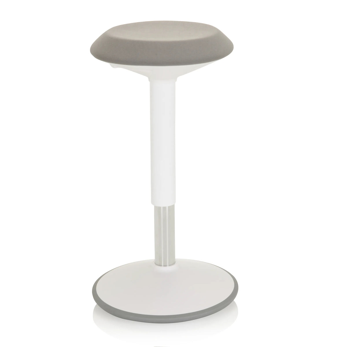Weiße Stehhilfe BALANCE SIT III W mit grauer Sitzfläche und rundem Standfuß von hjh OFFICE – 360-Grad-Ansicht (Frontansicht 20°)