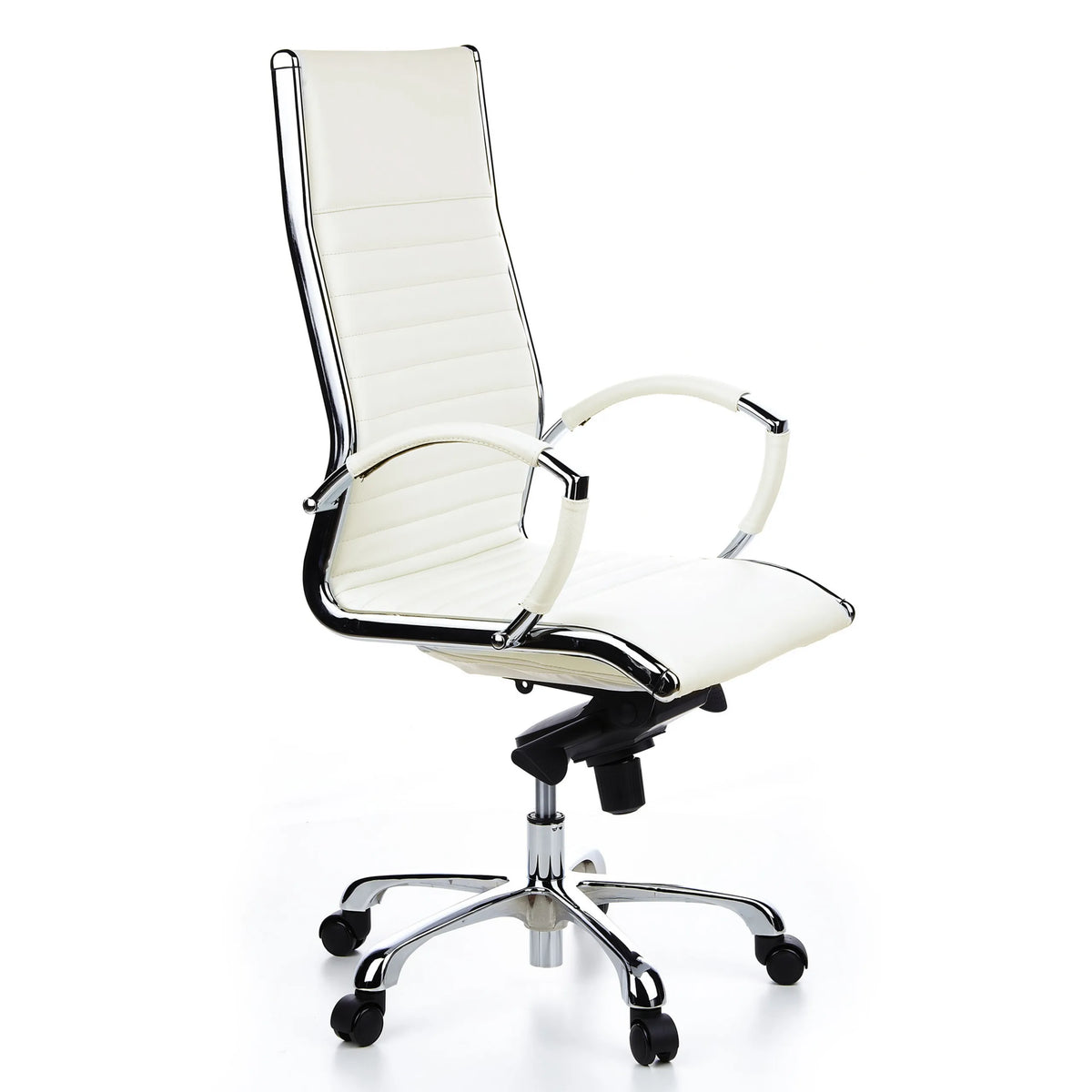 Poltrona professionale PARMA 20 bianco crema con cuciture a croce e base a cinque ruote di hjh OFFICE – vista a 360° (vista frontale a tre quarti 60°)