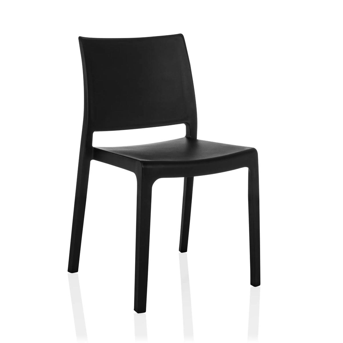 Sedia da esterno nera T37 V con semplice schienale e quattro gambe di hjh LIVING – vista a 360° (vista frontale a tre quarti 30°)