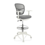 Sedia da banco TOP WORK 108 W grigia con schienale in rete, poggiapiedi e base bianca a cinque ruote di hjh OFFICE – vista a 360° (vista frontale a tre quarti 40°)