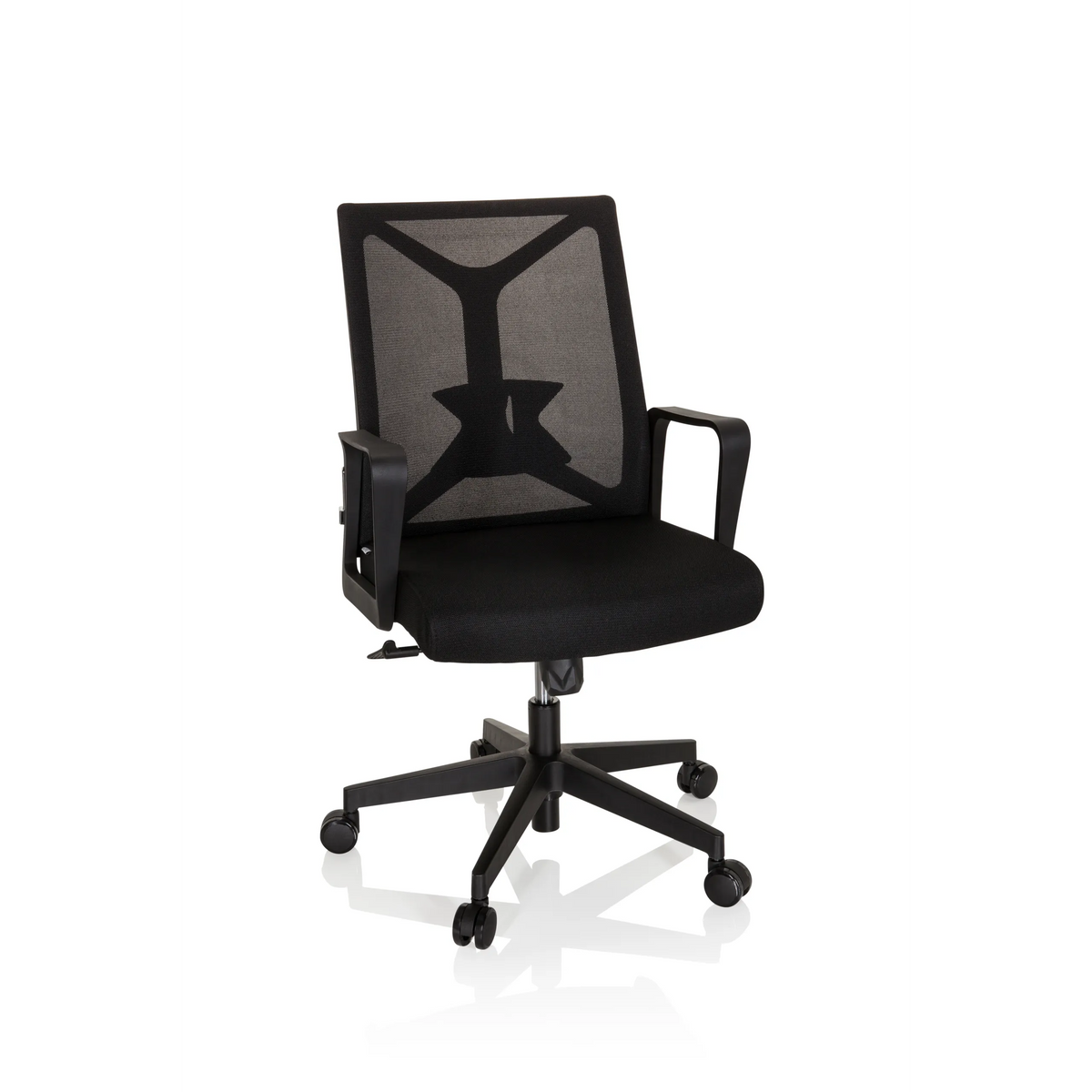 Sedia Home Office ENCO nera con schienale in rete e base a cinque ruote di hjh OFFICE – vista a 360° (vista frontale 20°)