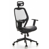 Sedia da ufficio professionale AIR-PORT nera con schienale in rete, seduta in pelle e base a cinque ruote di hjh OFFICE – vista a 360° (vista frontale a tre quarti 40°)