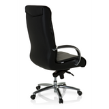 Schwarzer Drehstuhl XXL F 400 aus Leder mit Fußkreuz und fünf Rollen von hjh OFFICE – 360-Grad-Ansicht (schräge Rückenansicht 120°)
