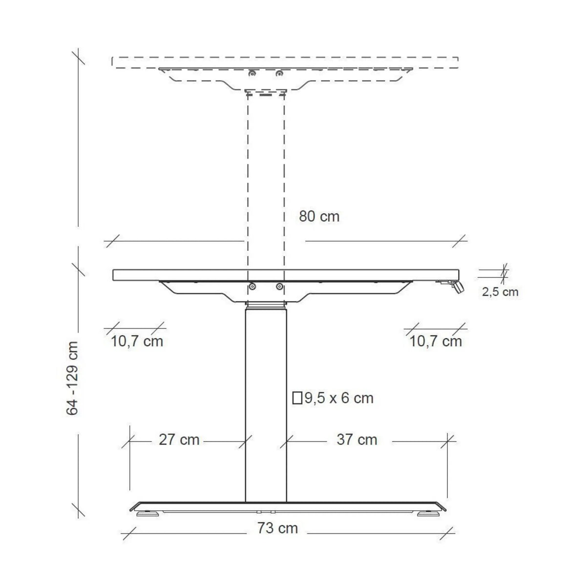 Disegno tecnico del tavolo scrivania regolabile in altezza XDKB 19 S con un'altezza da 64 a 129 cm di hjh OFFICE PRO
