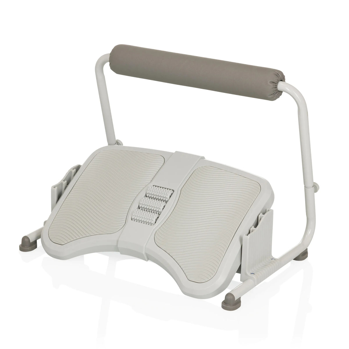 Poggiapiedi PODI FMW grigio chiaro con superficie strutturata e un supporto imbottito di hjh OFFICE – vista a 360° (vista frontale a tre quarti 45°)