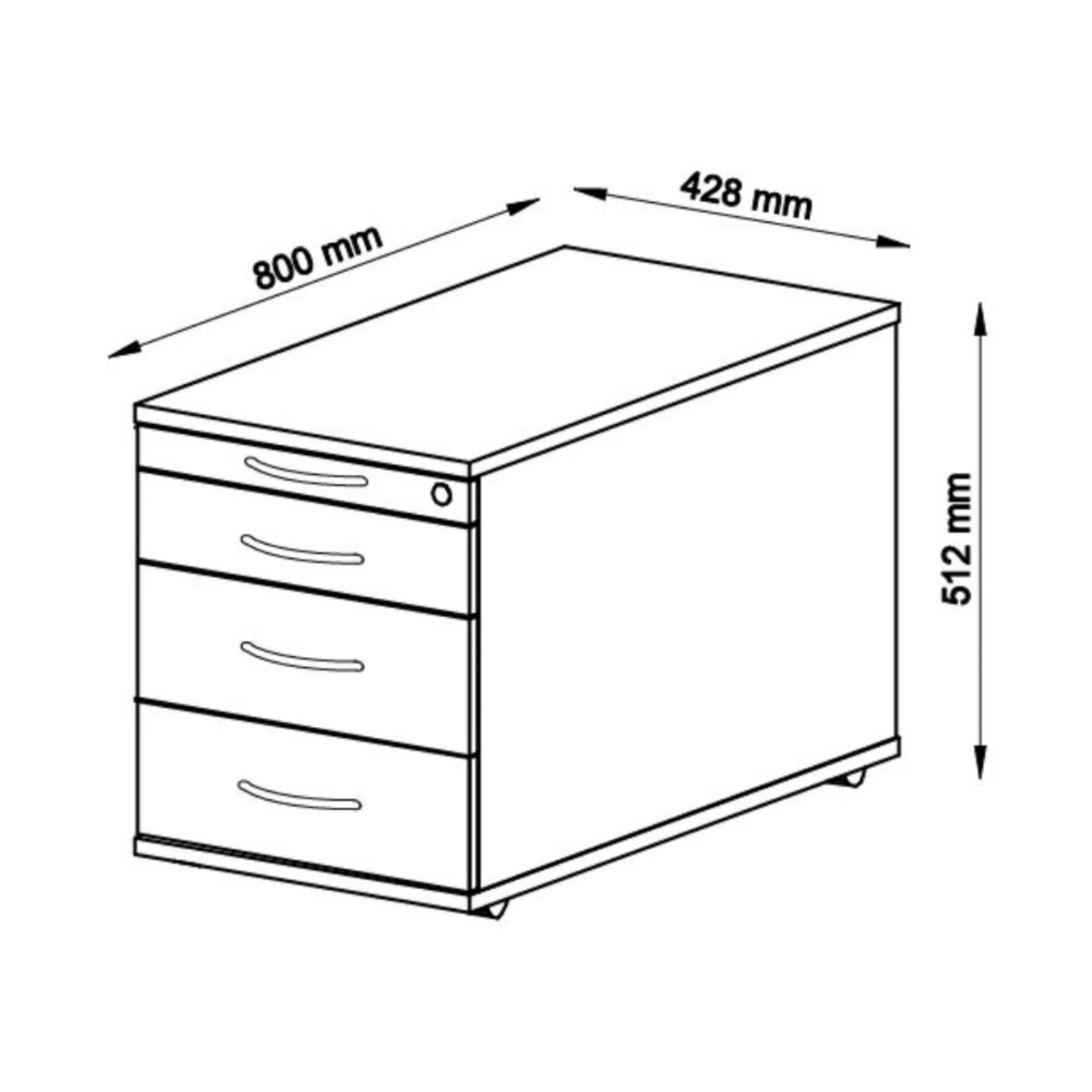 Disegno tecnico della Cassettiera con rotelle SIGNA TC30 con 800 × 428 mm di hjh OFFICE PRO