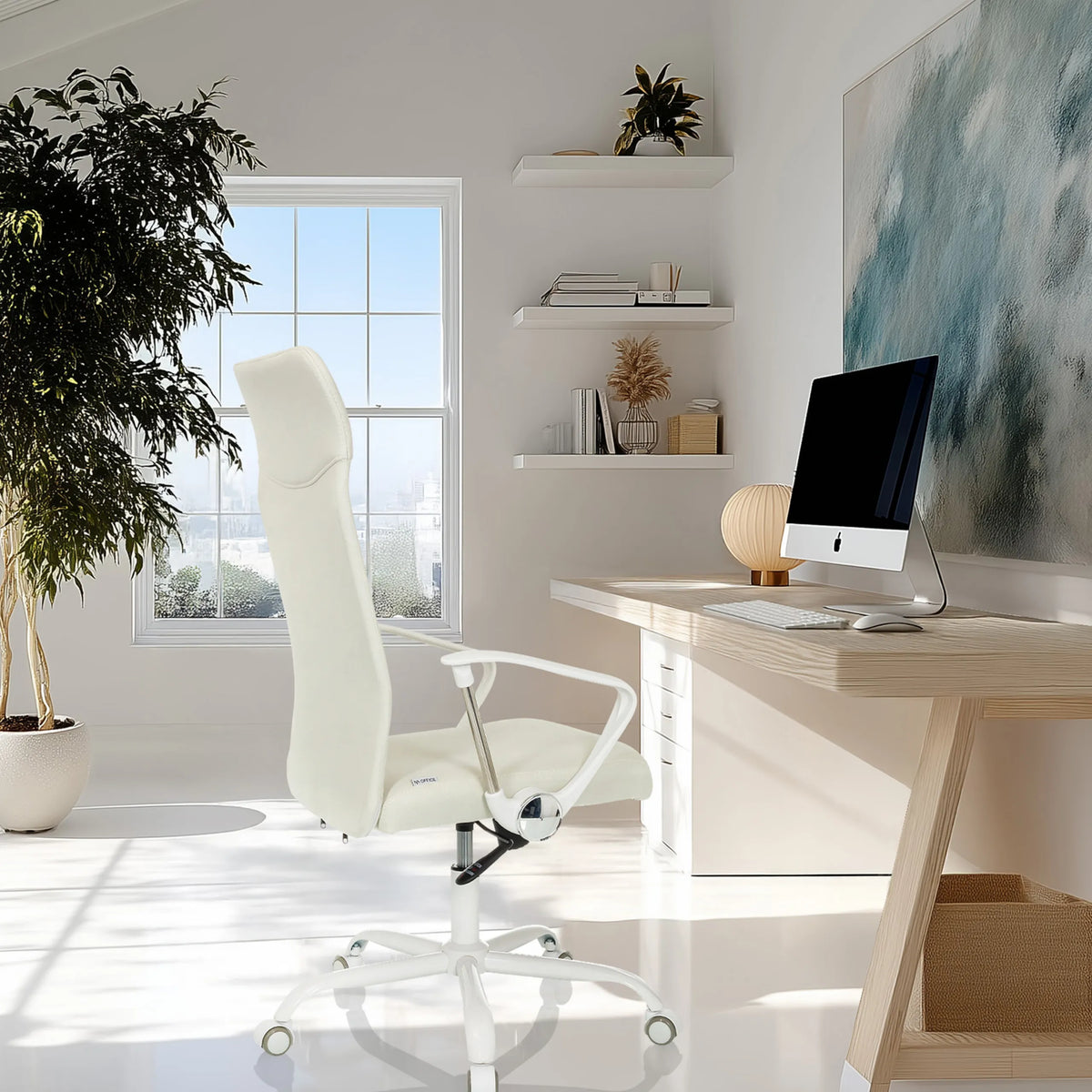 Sedia Home Office STRYKA W beige con braccioli bianchi e base a stella con ruote di hjh OFFICE