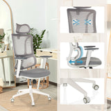 Sedia da ufficio professionale ERGOMY W in grigio e bianco con schienale in rete, meccanismo reclinabile e base a stella di MyBuero