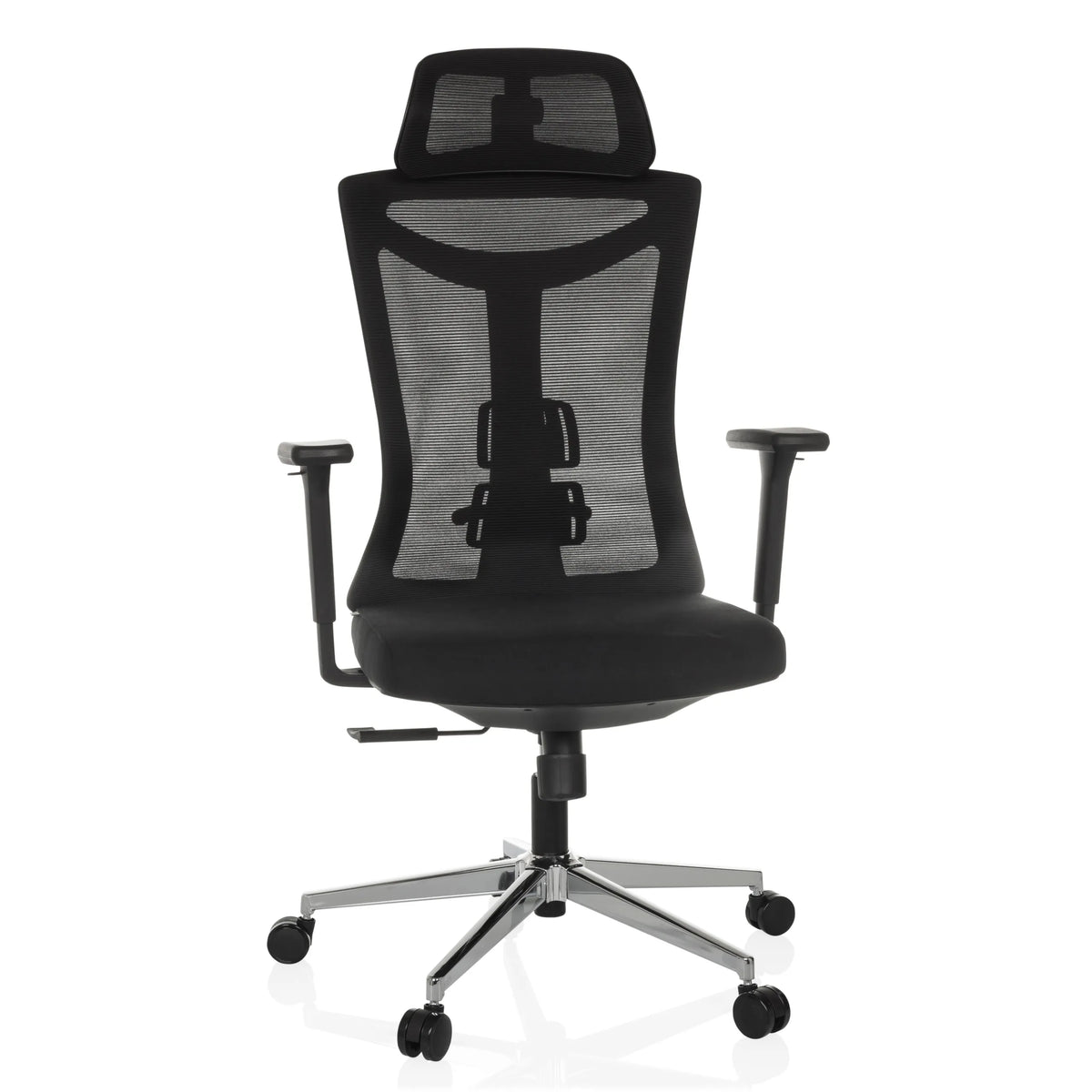 Sedia da ufficio professionale KAMIAK nera con schienale in rete e base a cinque ruote di hjh OFFICE – vista a 360° (vista frontale 15°)