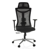 Sedia da ufficio professionale KAMIAK nera con schienale in rete e base a cinque ruote di hjh OFFICE – vista a 360° (vista frontale 15°)
