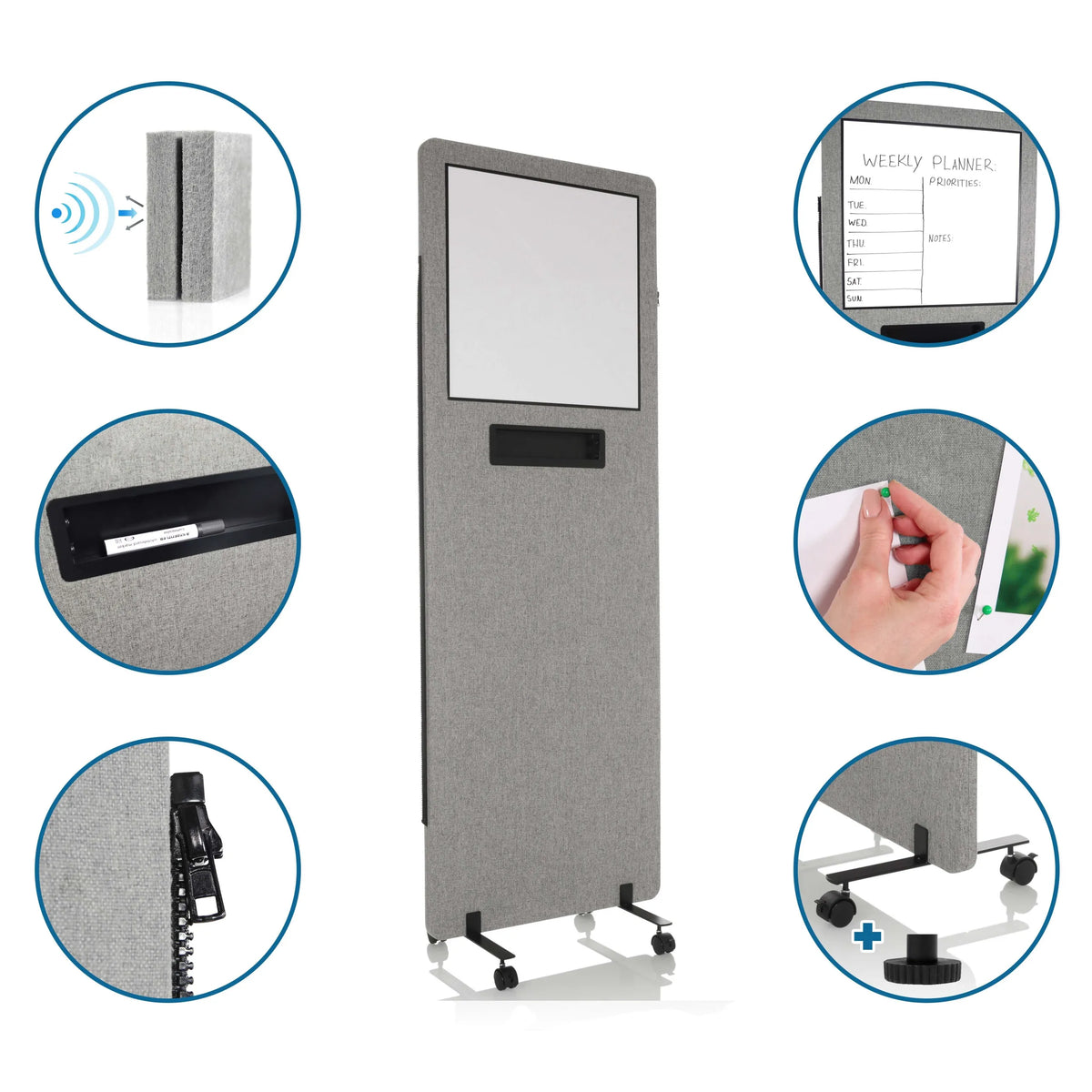 Parete divisoria FLEXMIUT WB grigio chiaro con lavagna bianca, portapenne, ruote e materiale fonoassorbente di hjh OFFICE