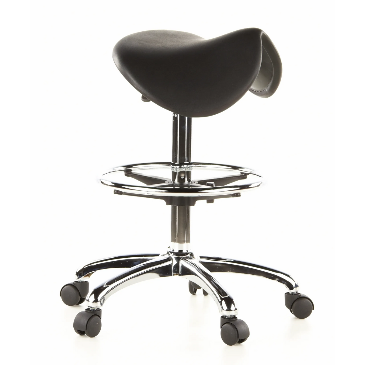 Sgabello a sella TOP WORK 13 nero con poggiapiedi e base a cinque ruote di hjh OFFICE – vista a 360° (vista frontale a tre quarti 60°)