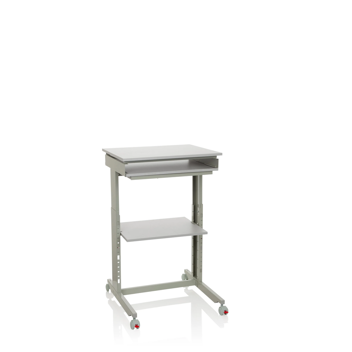 Grauer Stehschreibtisch WORKSTATION mit Ablagefläche und vier Rollen von hjh OFFICE – 360-Grad-Ansicht (Frontansicht 20°)