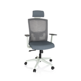 Sedia da ufficio professionale CAPTIVO BASE W grigia con schienale a rete, poggiatesta e base bianca di hjh OFFICE – vista a 360° (vista frontale 20°)