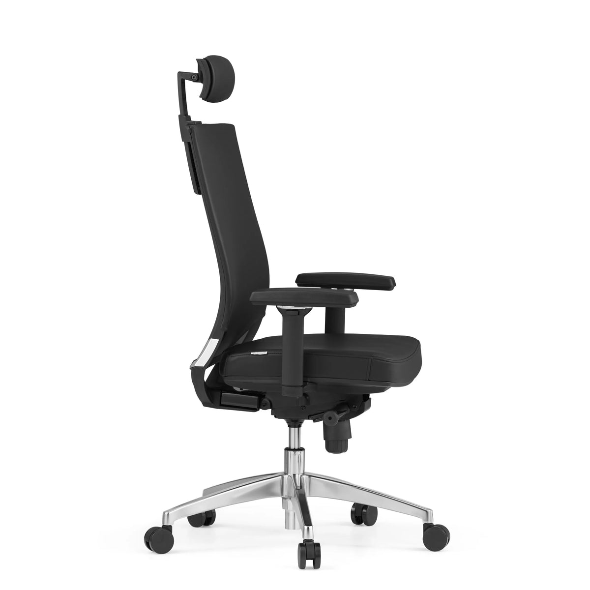 Sedia da ufficio professionale PORTO MAX HIGH nera in pelle con poggiatesta e base a cinque ruote di hjh OFFICE – vista a 360° (profilo laterale 75°)