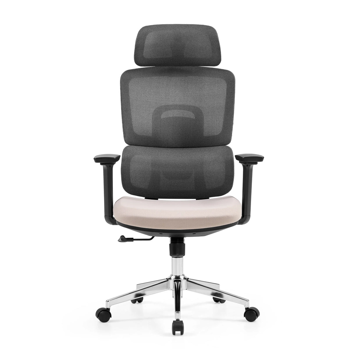 Sedia da ufficio professionale Ergomy Pro grigio scuro con seduta beige, schienale in rete e base a cinque ruote di hjh OFFICE – vista a 360° (vista frontale 0°)