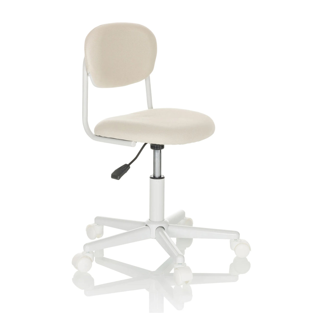 Sedia girevole per bambini KIDDY BASE I beige con imbottitura e base bianca a cinque ruote di hjh OFFICE – vista a 360° (vista frontale a tre quarti 45°)