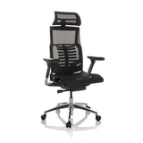 High-end Sedia da ufficio POFIT GEN2 nera con schienale in rete e base a cinque ruote di hjh OFFICE – vista a 360° (vista frontale a tre quarti 30°)