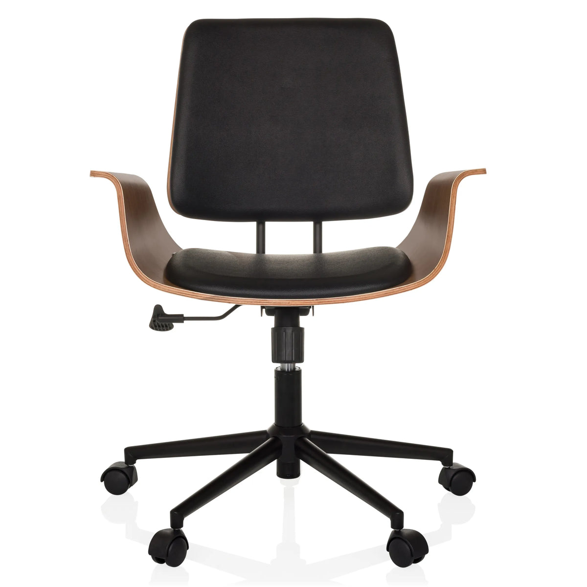 Sedia Home Office CENCA II nera con scocca in legno e base a cinque ruote di hjh LIVING – vista a 360° (vista frontale 0°)