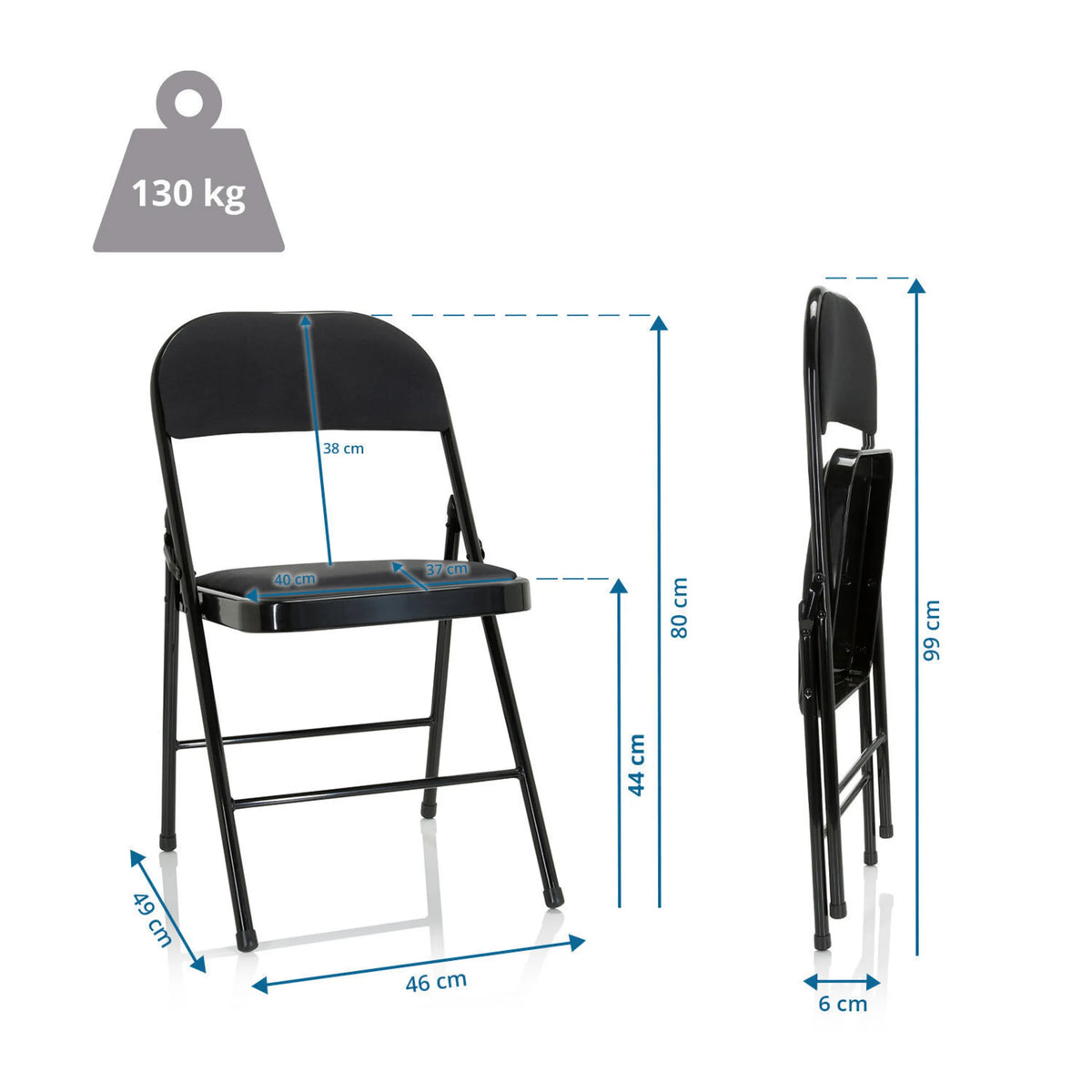 Disegno tecnico della Sedia pieghevole TUDELA II con un'altezza totale di 99 cm e una portata di 130 kg di hjh OFFICE