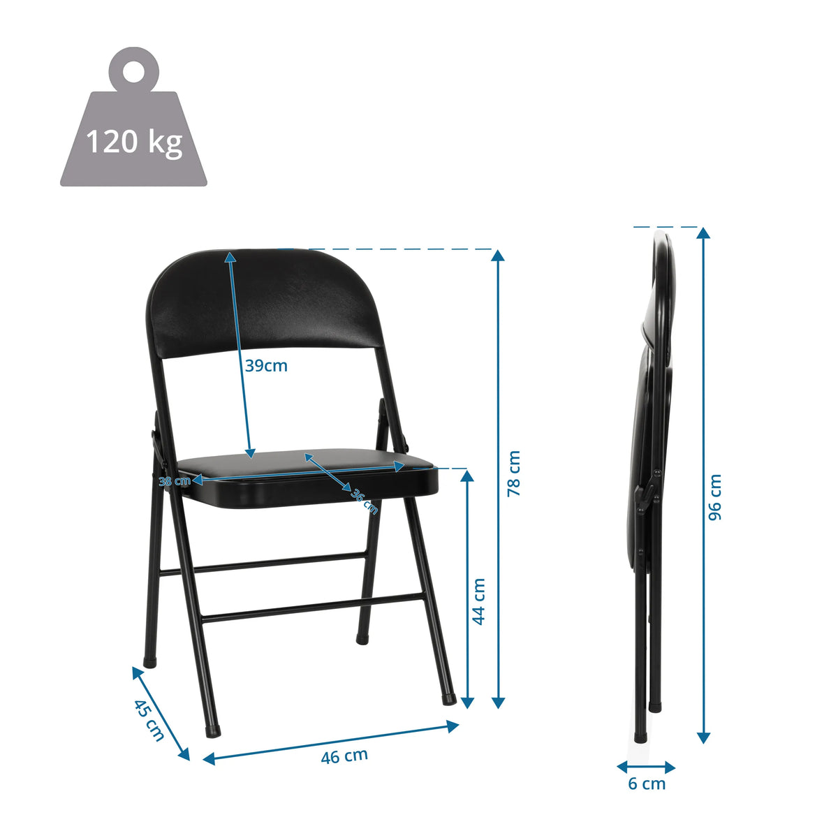 Disegno dimensionale della Sedia pieghevole TUDELA H con un'altezza totale di 96 cm e una portata di 120 kg di hjh OFFICE