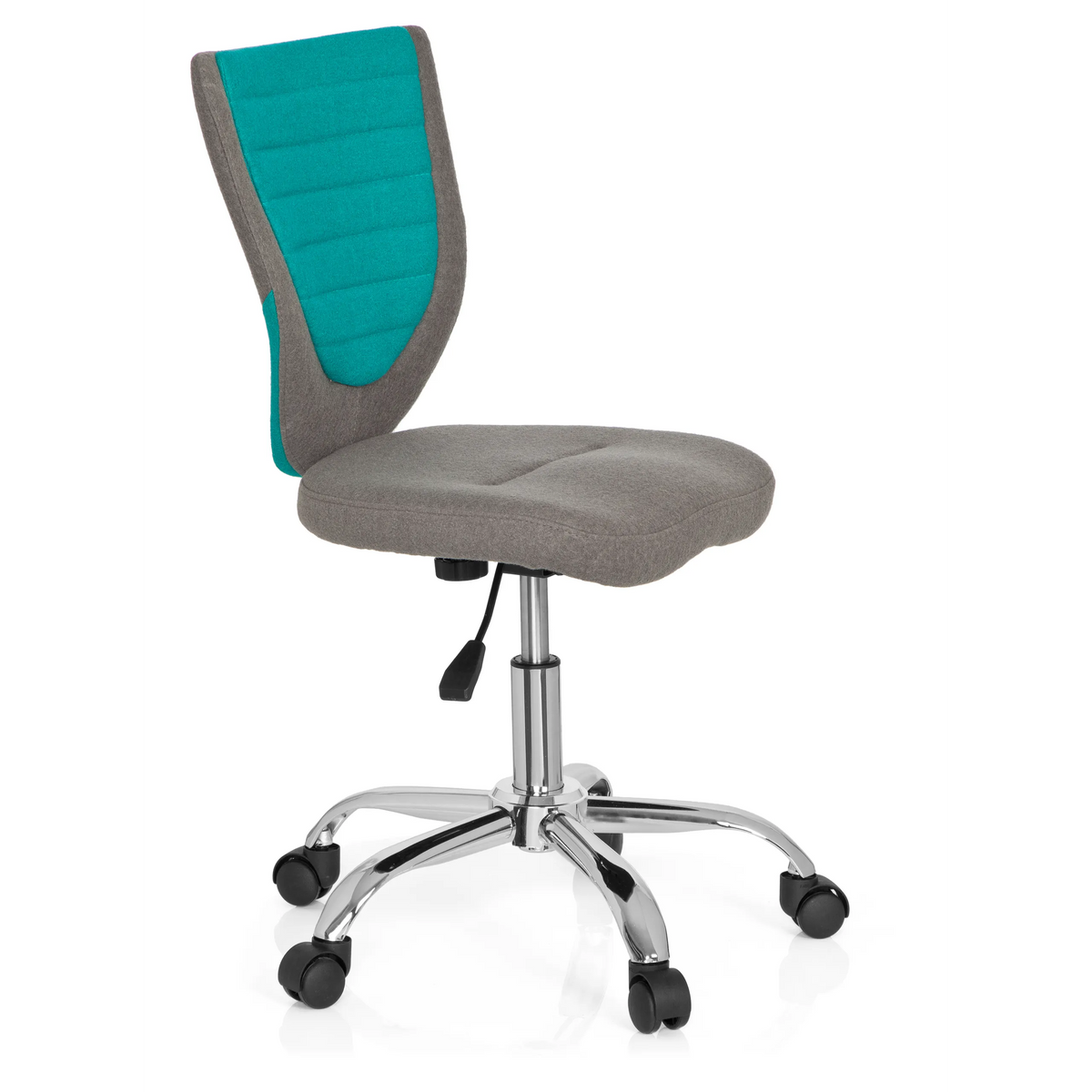 Sedia girevole per bambini KIDDY COMFORT grigio-turchese con base a stella e cinque rotelle di hjh OFFICE – vista a 360° (vista frontale a tre quarti 60°)