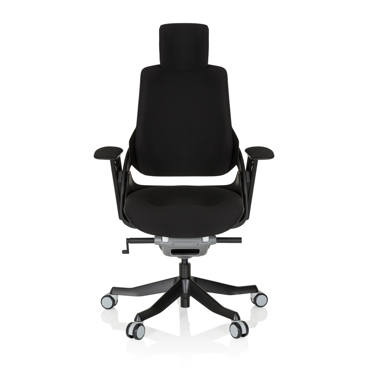 Sedia da ufficio professionale SPEKTRE BLACK nera con poggiatesta, braccioli e base a cinque ruote di hjh OFFICE – vista a 360° (vista frontale 0°)