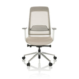 Sedia da ufficio professionale CHIARO T2 WHITE beige con schienale in rete e base argento a cinque ruote di hjh OFFICE – vista a 360° (vista frontale 0°)