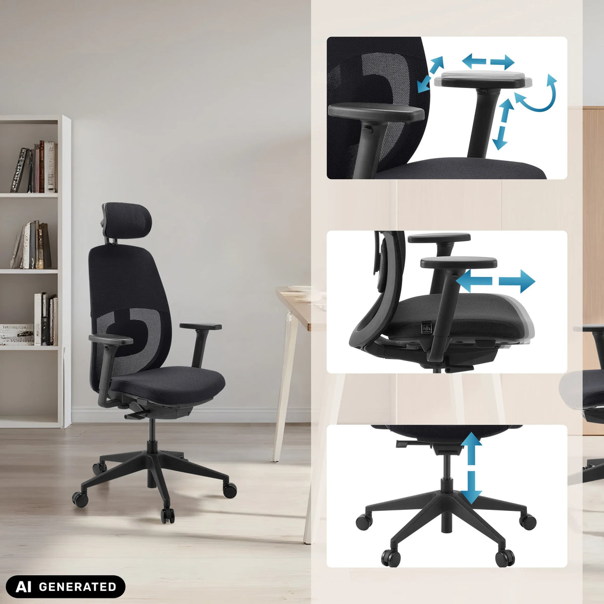 Braccioli e altezza del sedile regolabili della sedia da ufficio professionale Skandis Pro di hjh OFFICE (immagine generata dall’IA)