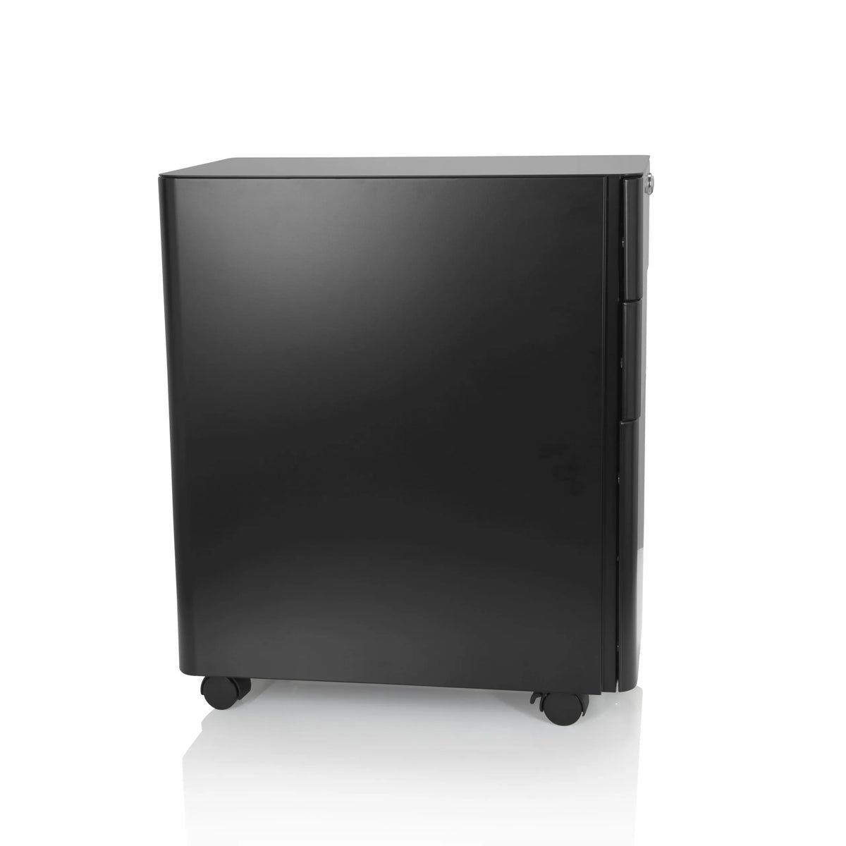 Cassettiera con rotelle COLOR I nera in metallo con tre cassetti e quattro ruote di hjh OFFICE – vista a 360° (profilo laterale 80°)