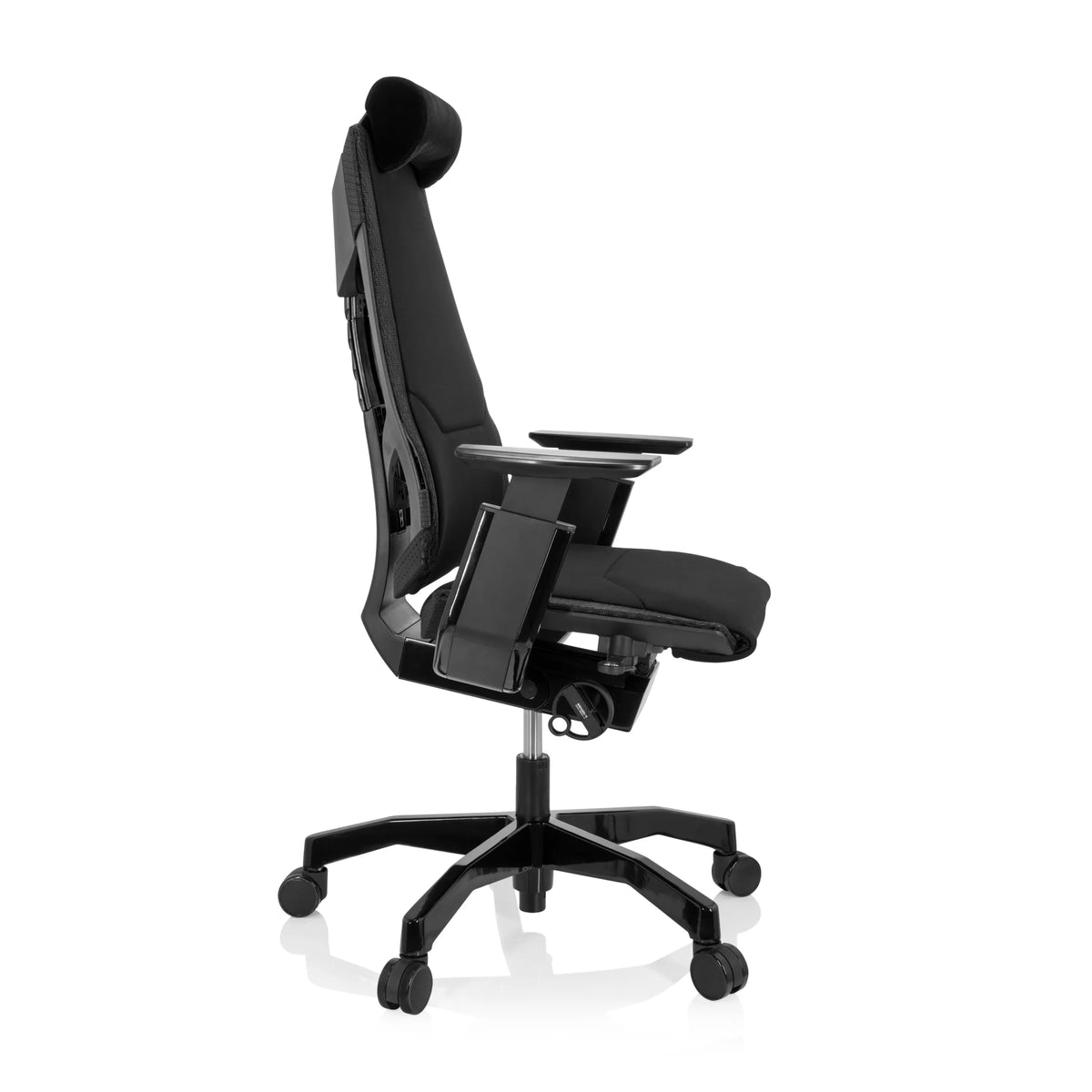 High-end Sedia da ufficio GENIDIA BLACK nera con rivestimento in tessuto e base a cinque ruote di hjh OFFICE – vista a 360° (profilo laterale 80°)