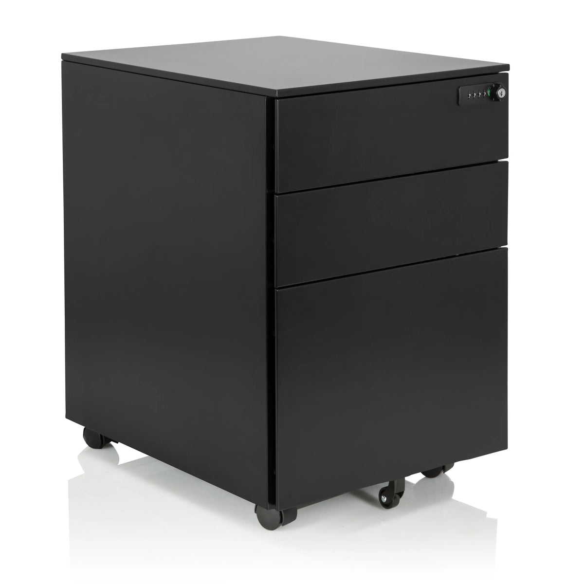 Cassettiera con rotelle COLOR OS I in metallo nero con tre cassetti di hjh OFFICE – vista a 360° (vista frontale a tre quarti 40°)